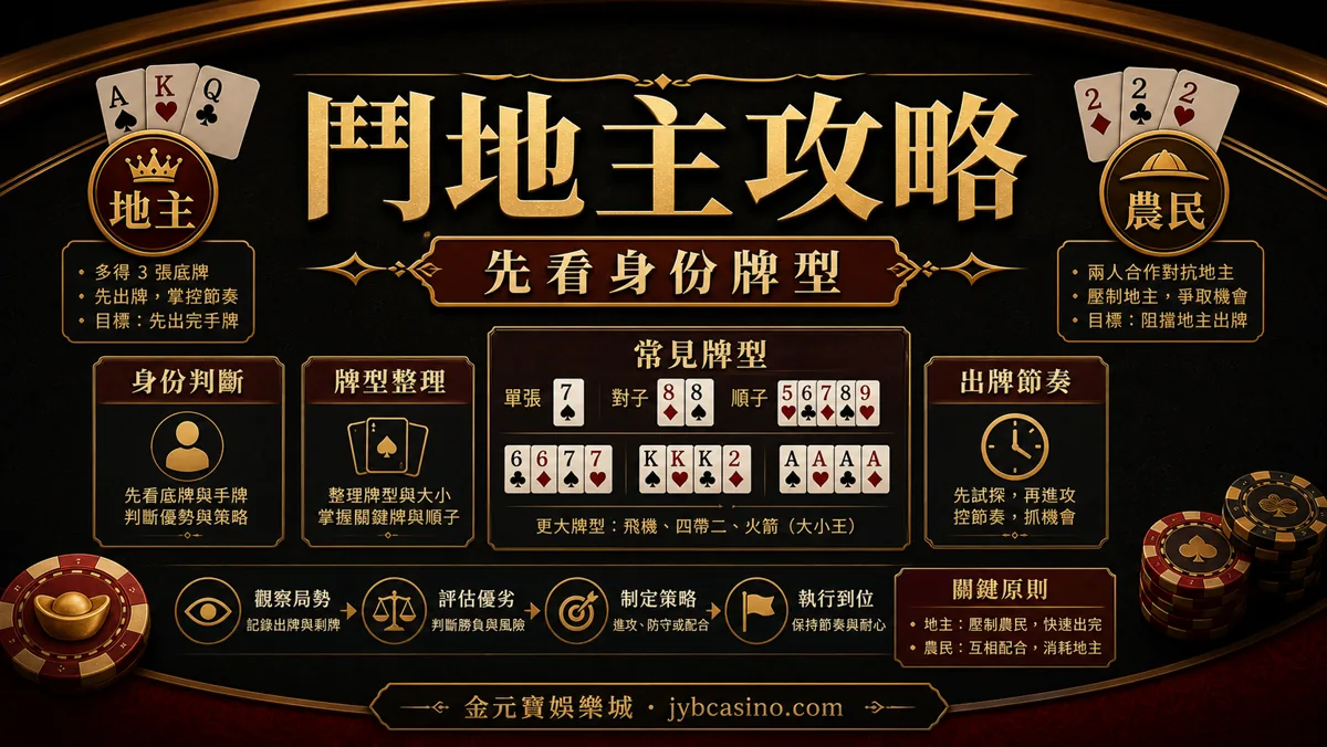 金元寶娛樂城鬥地主攻略示意圖,呈現地主、農民、牌型與出牌節奏