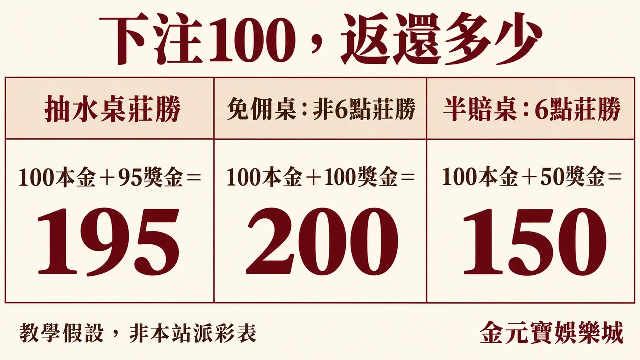 下注一百單位,在三種莊勝結算假設下返還195、200與150