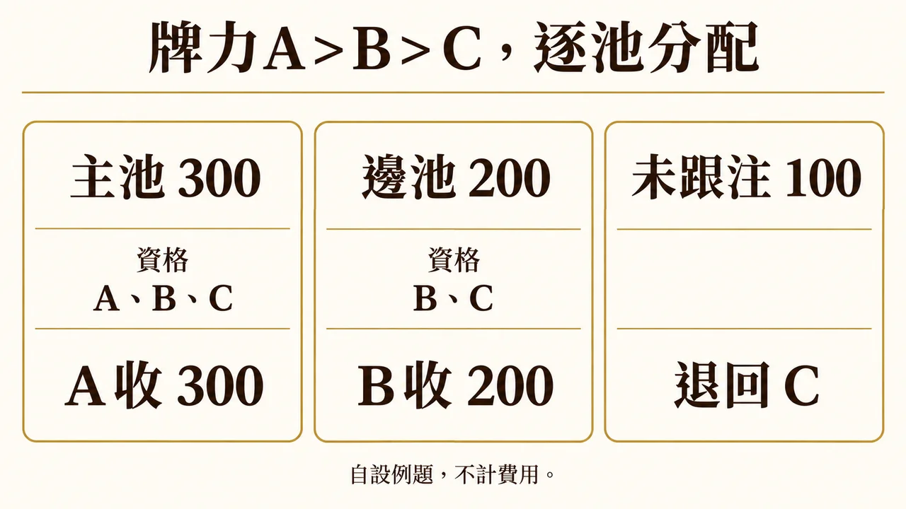 三個獨立底池分配及退回金額