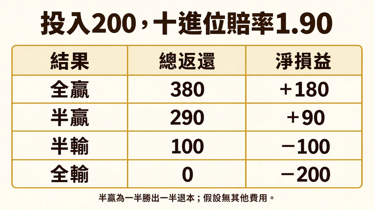 投入200賠率1.90的總返還及淨損益