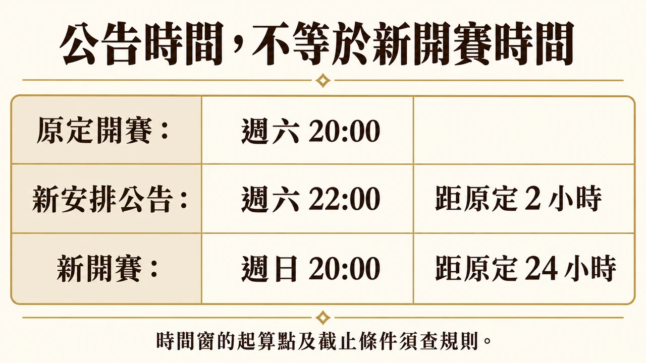 原定開賽公告及新開賽的時間差