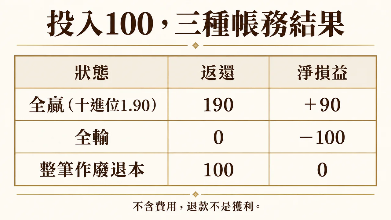 本金100的勝負退款及淨損益比較