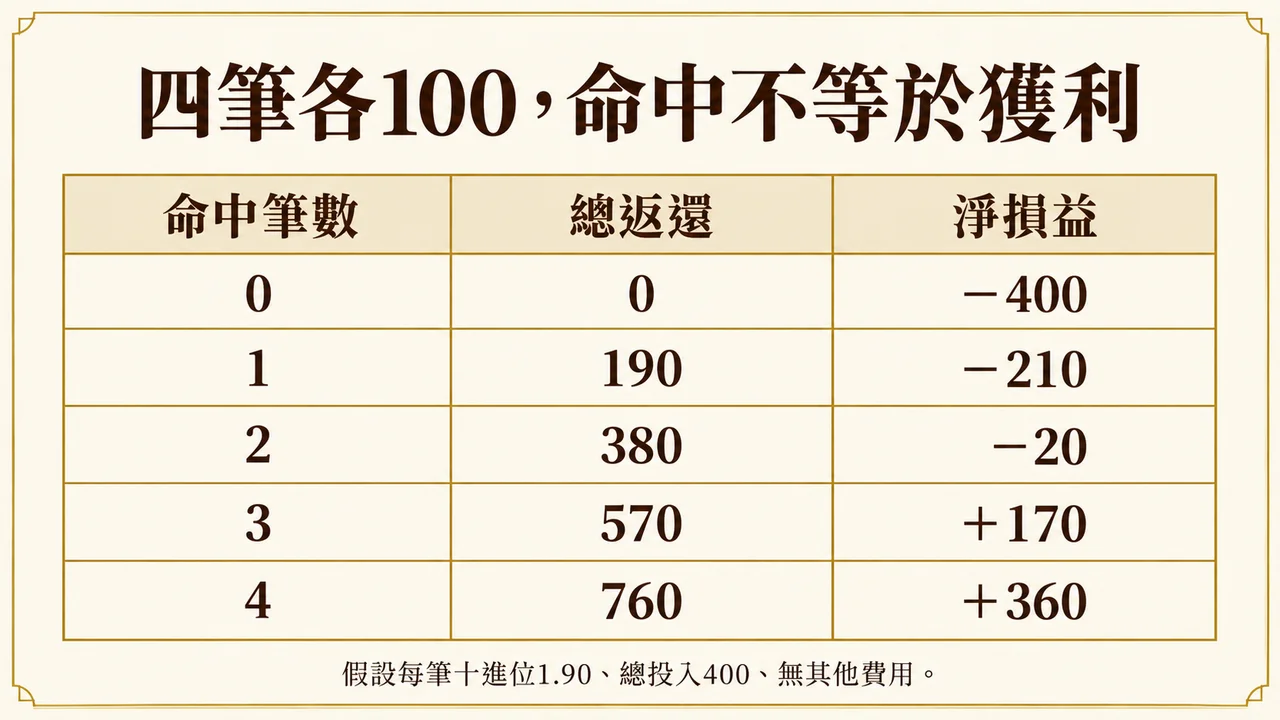 四筆各100的命中筆數與總損益
