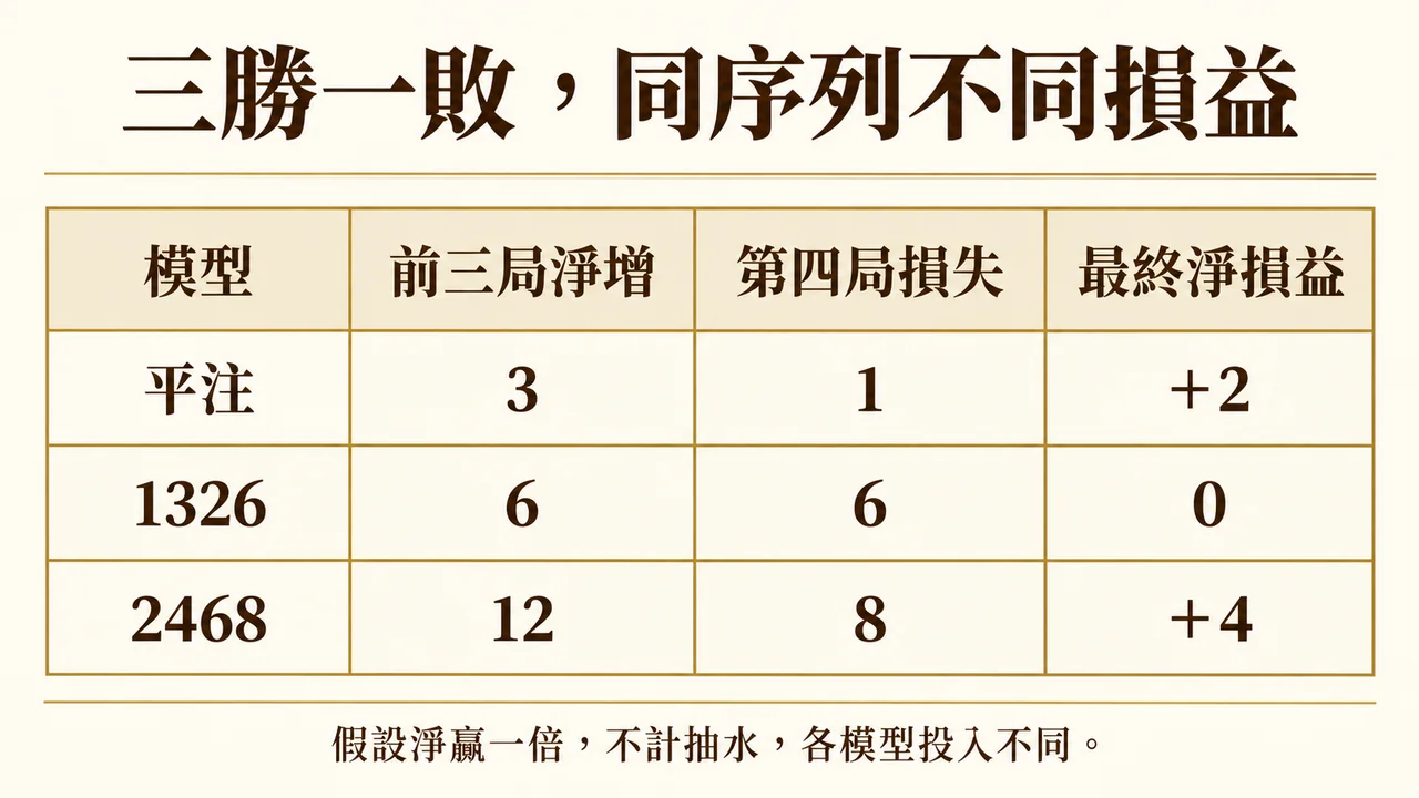 三勝一敗下三種注碼淨損益