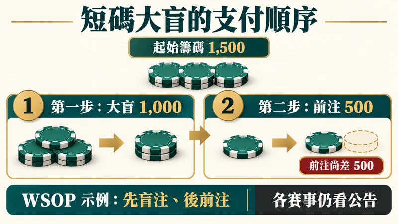 短碼大盲支付流程：起始1,500，先付1,000大盲，再以剩餘500付前注，尚差500；此為WSOP示例，並提醒依各賽事公告。