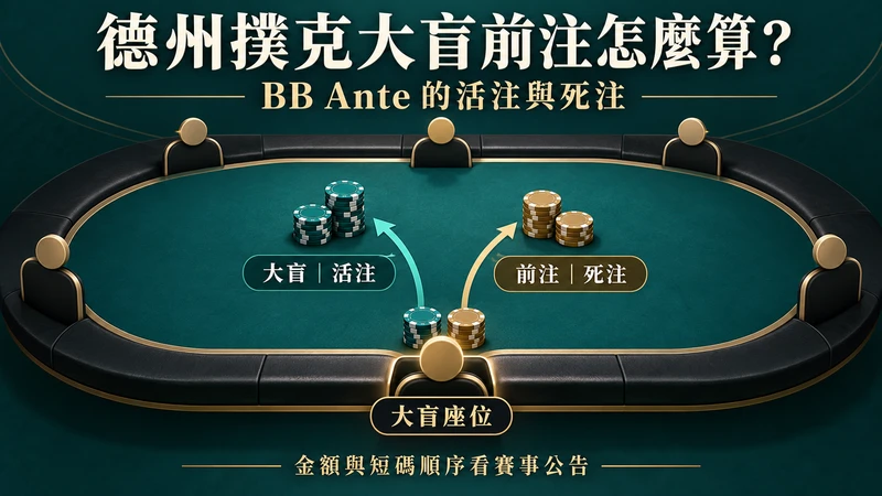 德州撲克大盲前注封面示意圖:從大盲座位分出大盲活注與前注死注,並提醒實際金額和短碼順序依賽事公告。